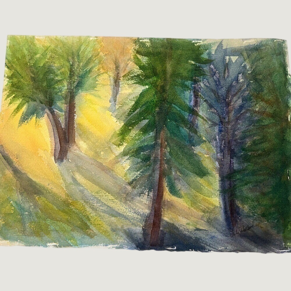 Original Watercolor Painting Serene Forest Nature Artist Signed Green Yellow
